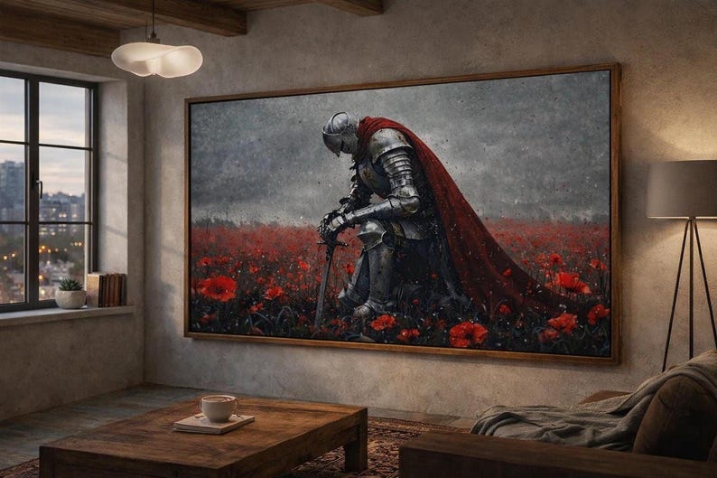 A large painting of a knight in armor, holding a sword and standing in a field of red flowers, is displayed on the wall of a living room.