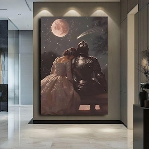 Moonlit Knight Romanze Leinwand Druck, Mittelalterliches Paar Sternennacht Burg Kunst