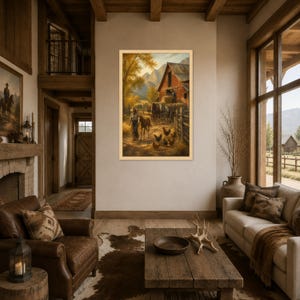 Rustic Farm Scene Canvas Print, Autumn Barn Art with Horses and Chickens, Cozy Country Wall Decor for Home or Office, farm wall art Natural Frame