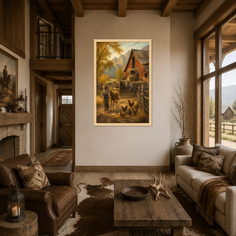 Rustic Farm Scene Canvas Print, Autumn Barn Art with Horses and Chickens, Cozy Country Wall Decor for Home or Office, farm wall art Natural Frame