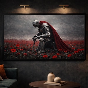 a knight in shining armor kneeling in a field of red flowers, with a dramatic and intense expression on his face.