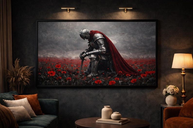 a knight in shining armor kneeling in a field of red flowers, with a dramatic and intense expression on his face.