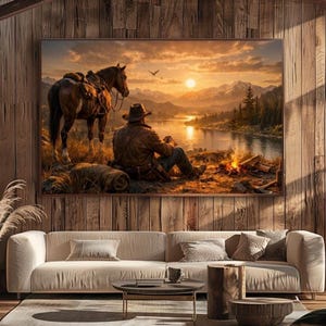 Quadro da parete in stile western con cowboy, stampa su tela di Arthur al tramonto sulle montagne, decorazione rustica da fuorilegge, paesaggio con cavalli e falò, quadro da parete per baita di ranch.