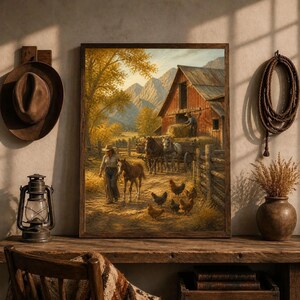 Rustic Farm Scene Canvas Print, Autumn Barn Art with Horses and Chickens, Cozy Country Wall Decor for Home or Office, farm wall art image 5