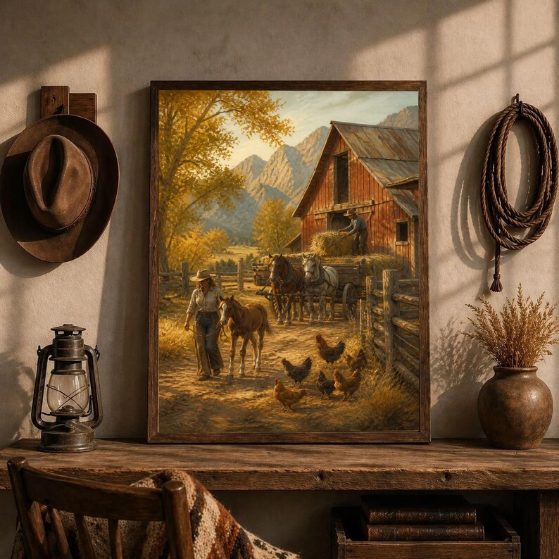 Rustic Farm Scene Canvas Print, Autumn Barn Art with Horses and Chickens, Cozy Country Wall Decor for Home or Office, farm wall art image 5