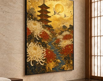 Japanese Pagoda Canvas Print, Serene Chrysanthemum Art with Cranes and Golden Sun, Asian Wall Décor for Home or Office, japanese wall art