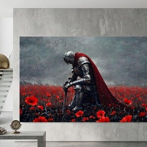 a knight in armor standing in a field of red flowers, with a dramatic and intense expression on his face.