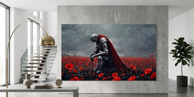 a knight in armor standing in a field of red flowers, with a dramatic and intense expression on his face.