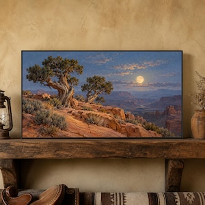 May include: A rectangular framed wall art print depicting a desert landscape at night with two gnarled juniper trees on a rocky ridge, sparse green shrubs, a deep canyon in the distance, and a bright full moon in a blue and cloudy sky.