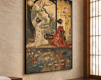Japanese Women in Kimonos Canvas Print, Elegant Asian Wall Art for Tranquil Home Decor, Serene Tea Ceremony Scene, japanese wall art