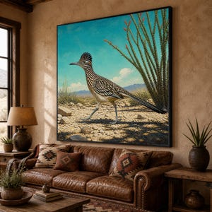 Peut inclure: Une grande impression d'art murale carrée représentant un géocoucou dans un paysage désertique avec des ocotillos, un sol rocailleux et un ciel bleu vif. L'œuvre est encadrée d'une fine bordure noire et exposée sur un mur beige texturé.