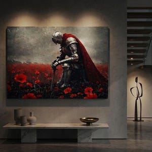 a large painting of a knight in armor, standing in a field of red flowers, with a staircase visible in the background.