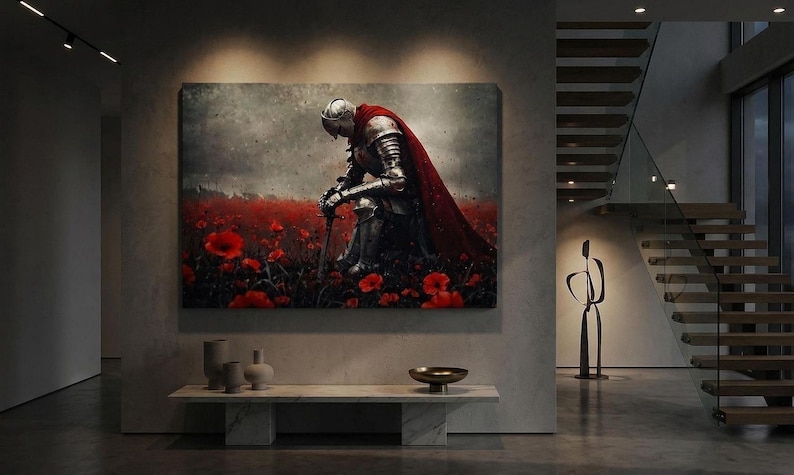 a large painting of a knight in armor, standing in a field of red flowers, with a staircase visible in the background.