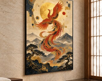Stunning Phoenix Wall Art, Asian Canvas Print, Vibrant Colors, Perfect for Home Décor, Japanese Design, 24x36, japanese decor
