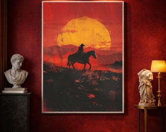 Póster de Arthur Morgan al atardecer, lámina decorativa de pared con silueta de vaquero de RDR2, estilo western.
