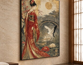 Japanese Geisha Canvas Print, Elegant Wall Art with Crane and Lotus Flowers, Asian Decor for Living Room or Bedroom, geisha art
