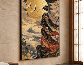 Japanischer Geisha-Leinwanddruck, elegante Wandkunst mit Natur- und Bergmotiven, asiatische Vintage-Dekoration für Wohnräume