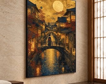 Japanese Night Scene Canvas Print, Serene River and Bridge Artwork, Asian Home Decor for Living Room and Bedroom, japanese wall art
