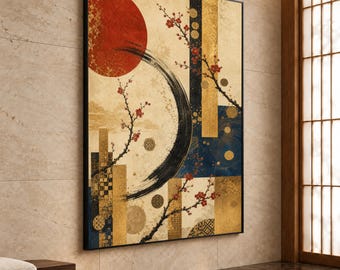 Japanese Cherry Blossom Canvas Print, Abstract Floral Wall Art with Gold and Red Elements, Asian Home Decor, japanese wall art