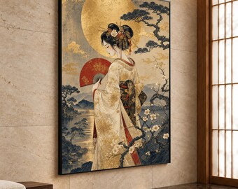 Japanese Kimono Canvas Print, Elegant Wall Art Featuring Geisha with Red Fan Against Golden Moon and Cherry Blossoms, japanese wall art