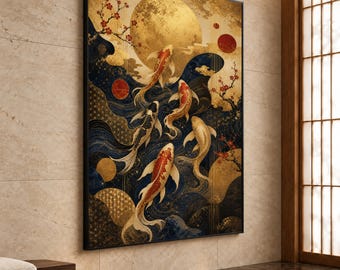 Japanese Koi Fish Canvas Print, Elegant Wall Art with Gold and Blue Waves, Asian Decor for Living Room or Zen Space, japanese wall art