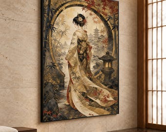 Japanese Woman in Kimono Canvas Print, Elegant Asian Wall Art, Traditional Scene with Bamboo and Autumn Leaves for Home Décor