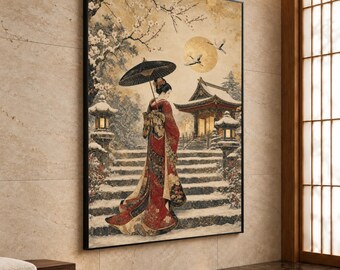 Japanese Geisha Canvas Print, Elegant Winter Scene with Cherry Blossoms, Traditional Asian Wall Art for Home Decor, japanese wall art
