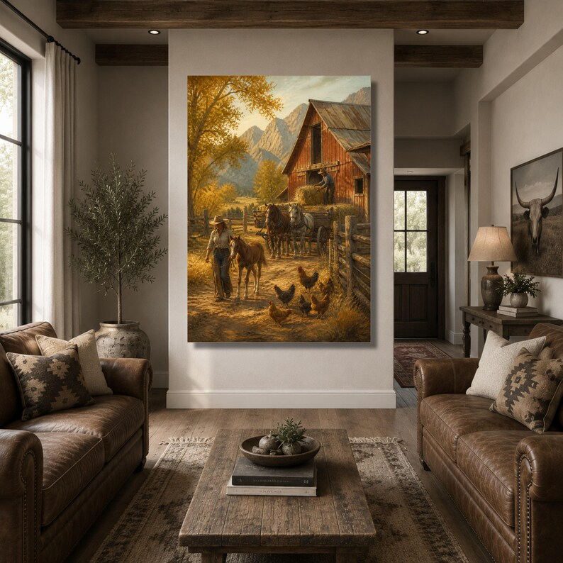 Rustic Farm Scene Canvas Print, Autumn Barn Art with Horses and Chickens, Cozy Country Wall Decor for Home or Office, farm wall art Stretched Wood Canvas