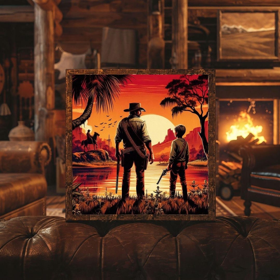 Western Cowboy Sunset Canvas Print, Father and Son Desert Wall Art for ...
