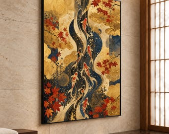 Japanese Koi Fish Canvas Print, Elegant Asian Wall Art with Gold Leaves and Red Maple, Perfect for Home Décor, koi fish art