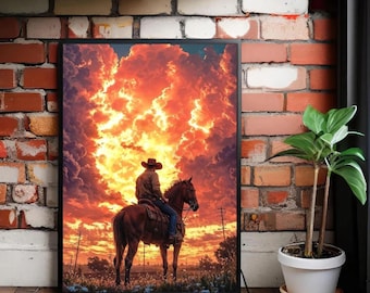 Póster de cielo al atardecer vaquero, lámina de arte mural del oeste con paisaje de nubes dramático