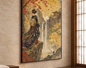 Japanese Woman in Kimono Canvas Print, Autumn Leaves and Waterfall Scene, Elegant Asian Wall Art for Home Décor, japanese wall art