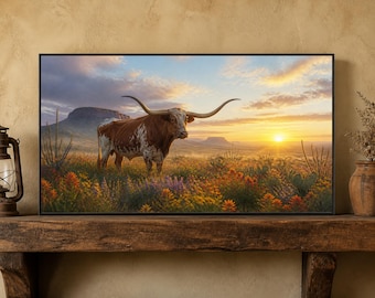 May include: A rectangular wall art print featuring a longhorn steer standing in a desert landscape filled with orange and yellow wildflowers. The scene depicts a sunset with a bright sun on the horizon, distant mesas, and a cloudy sky.