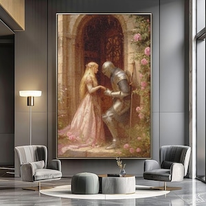 Mittelalterliche Ritterin Prinzessin Rosengarten Leinwanddruck, Cottagecore Burg Poster