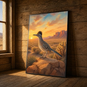 Peut inclure: Une impression d'art murale encadrée représentant un grand géocoucou debout sur un rocher dans un paysage désertique au coucher du soleil. La scène comprend des cactus, des mesas lointaines et un ciel doré avec des nuages orange.