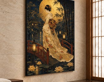 Japanese Geisha Canvas Print, Elegant Wall Art with Moonlit Scene and Lotus Flowers for Home Décor