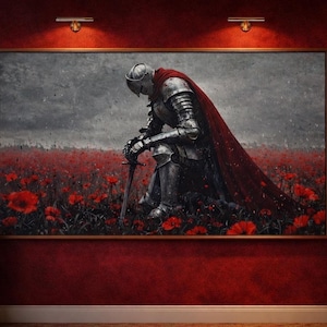 a knight in shining armor kneeling in a field of red flowers, with a statue of a person nearby.