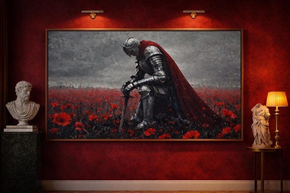 Medieval Knight Canvas, Red Poppy Field, Dark Wall Art (Multiple Sizes)