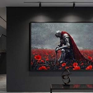 a large painting of a knight in armor standing in a field of red flowers, with a dark background.