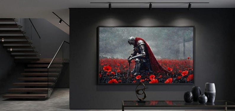 a large painting of a knight in armor standing in a field of red flowers, with a dark background.