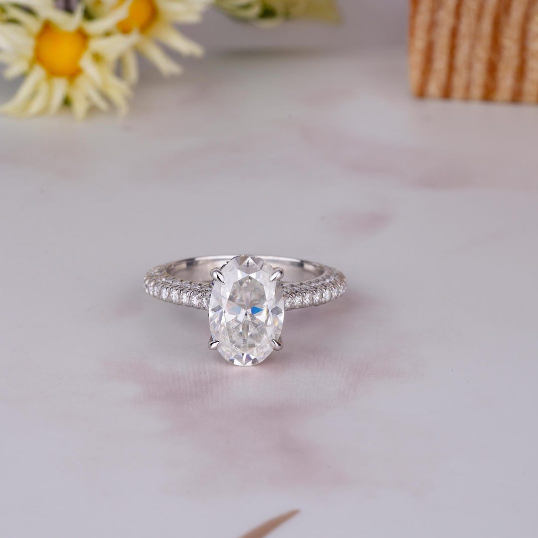 Oval Cut Moissanite Engagement Ring, Hidden Halo 14k Solid Gold Ring ...