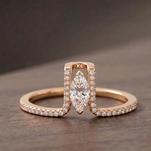 Anillo Oura con moissanita marquesa, banda solitaria de oro pavé de 14 quilates, anillo apilable minimalista con realce abierto, funda para anillo Oura.