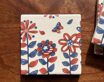 Patriotic Floral Decoupage Coasters
