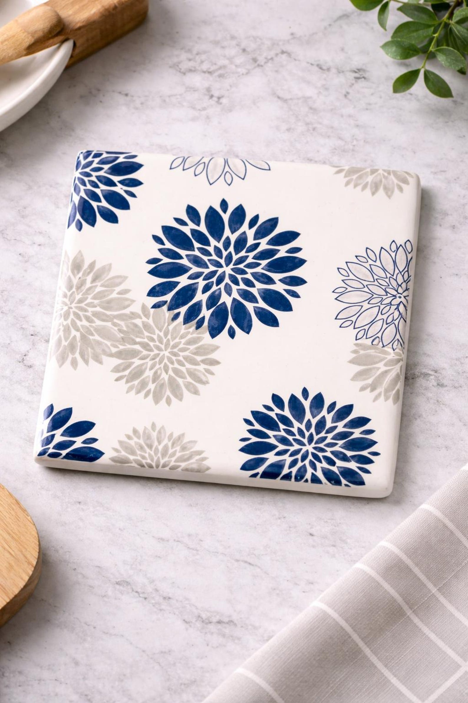 Blue Floral Ceramic Hot Plate | Handmade Decoupage Trivet, Farmhouse Kitchen Decor