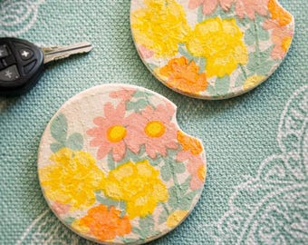 Floral Decoupage Ceramic Car Coasters – Pink Yellow Vintage Flower Set