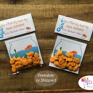 Goldfish Fish Crackers Valentines Day Card Treat Bags Printable or Shipped image 1