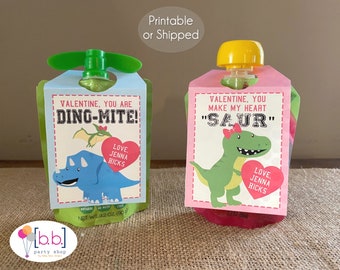 Dinosaur Applesauce Fruit Pouch Valentine Label- Personalized- Printable or Shipped