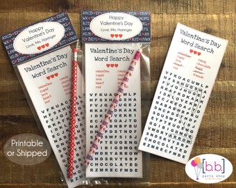 Valentine's Day Word Search Pencil Teacher Personalized Treat Bag and Topper- Printable or Shipped