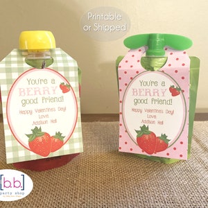 Applesauce Fruit Pouch Valentine Tag Label Strawberry Personalized Printable or Shipped image 1