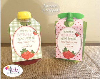 Applesauce Fruit Pouch Valentine Tag Label Strawberry- Personalized- Printable or Shipped